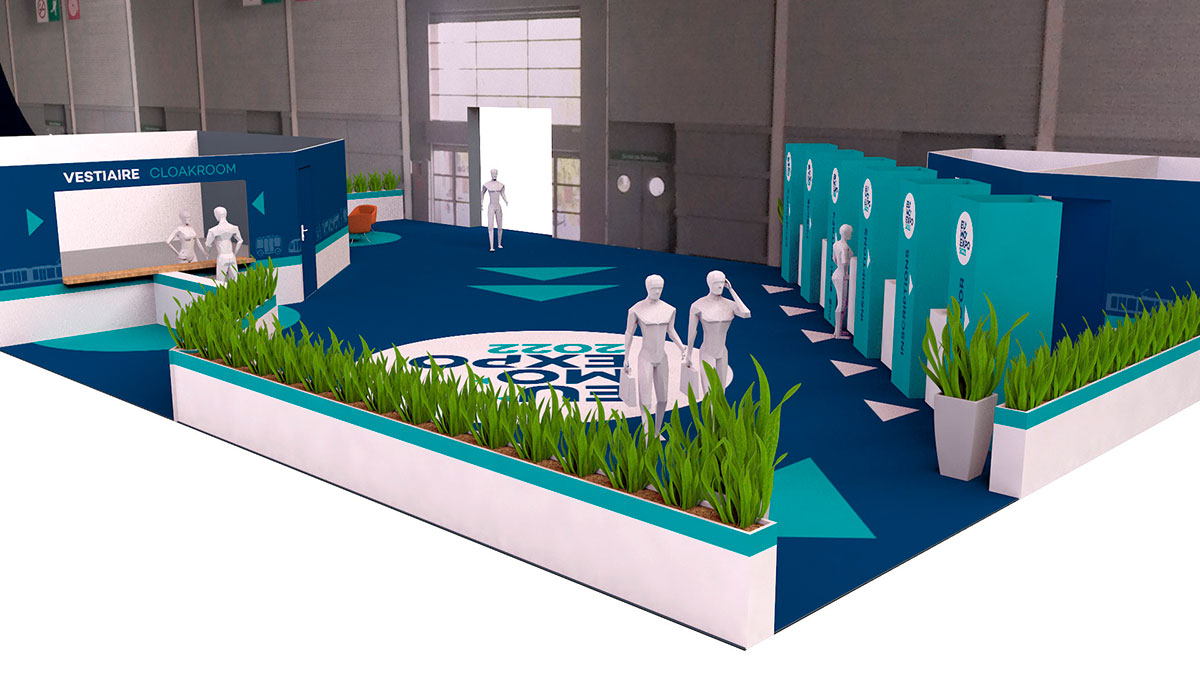 L’image montre une maquette du salon EUMO 2022, avec des stands bleus et blancs, un logo central, des silhouettes de personnes et des plantes vertes pour la décoration. Le sol est bleu avec le grand logo “EUMO 2022” et un stand est étiqueté “VESTIAIRE CLOAKROOM”.